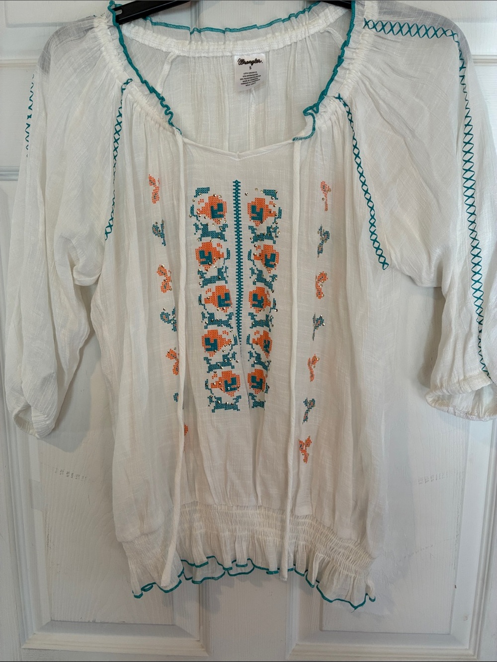 Wrangler Size Small White Peasant Tunic with Teal & Orange
